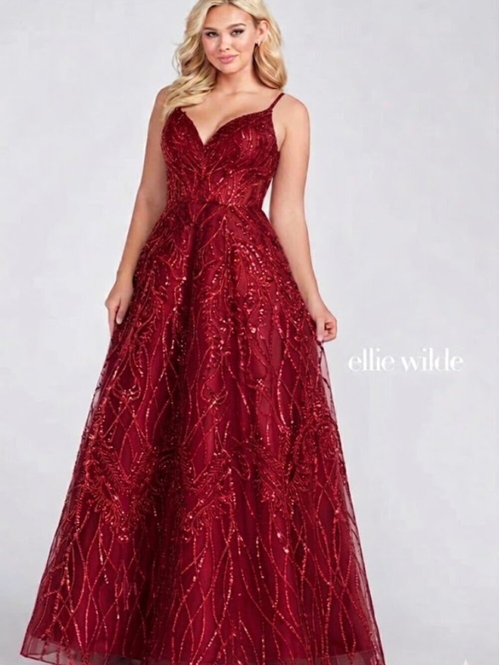 Ellie Wilde Red Beaded V-Neck A-Line Prom Dress EW122059 Size 10